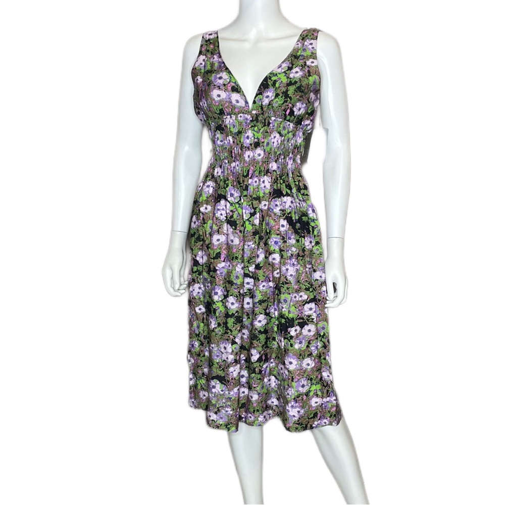 Stitchdrop Cornwall Floral Print V-Neck Smocked Midi Dress Botanical Womens Sz M